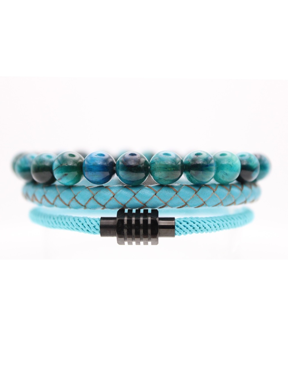 Women's Ice Blue Tiger Eye Bead & Braided Bracelet Set